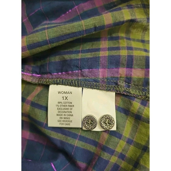 Dressbarn ~Woman Plus Size 1X~ Green/Pink Plaid Button-Up Long Sleeve Shirt Top. - Picture 5 of 9